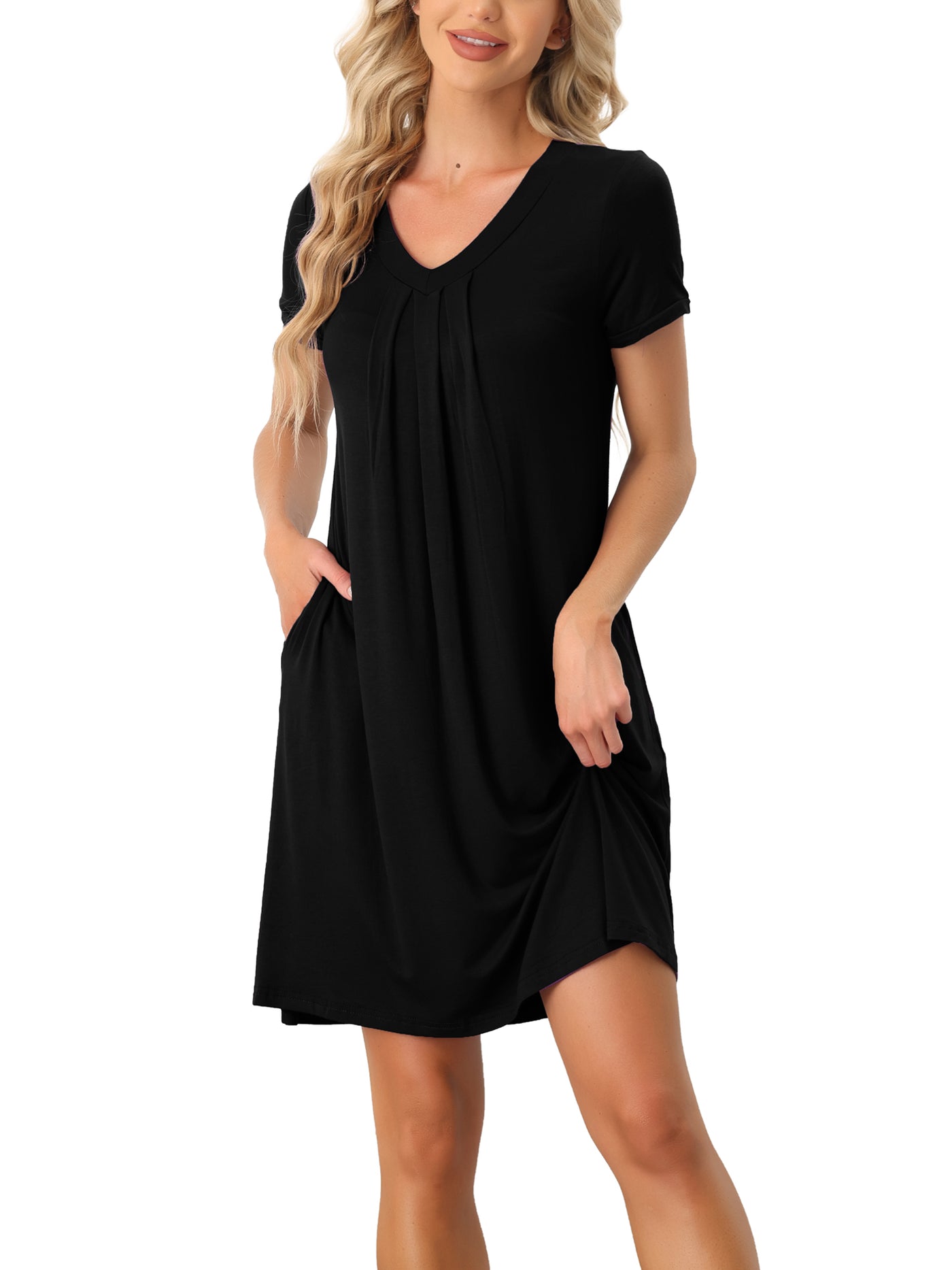 Bublédon Women's Pajama Dress Nightshirt Sleepwear V-Neck with Pockets Lounge Nightgown