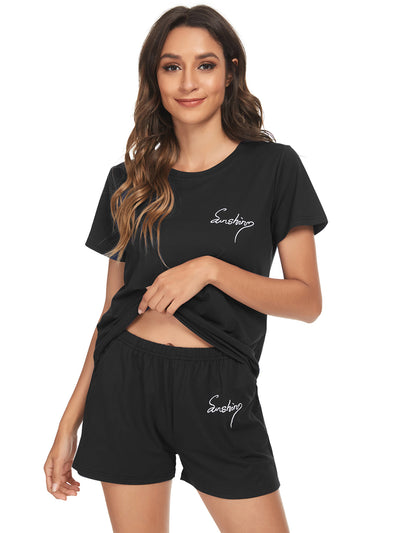 Womens Sleepwear Crew Neck Nightwear with Shorts Loungewear Pajama Set