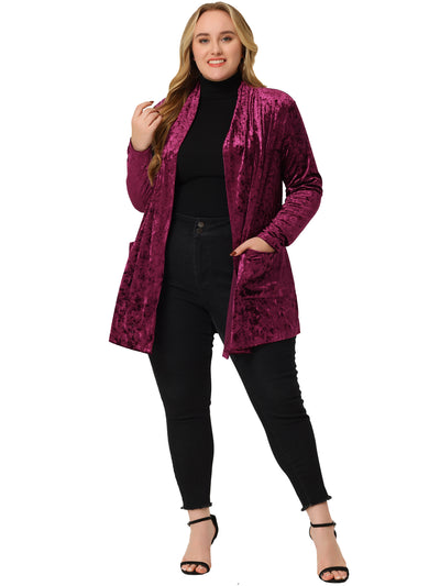 Bublédon Velvet H Line Collarless Long Sleeve Cardigan