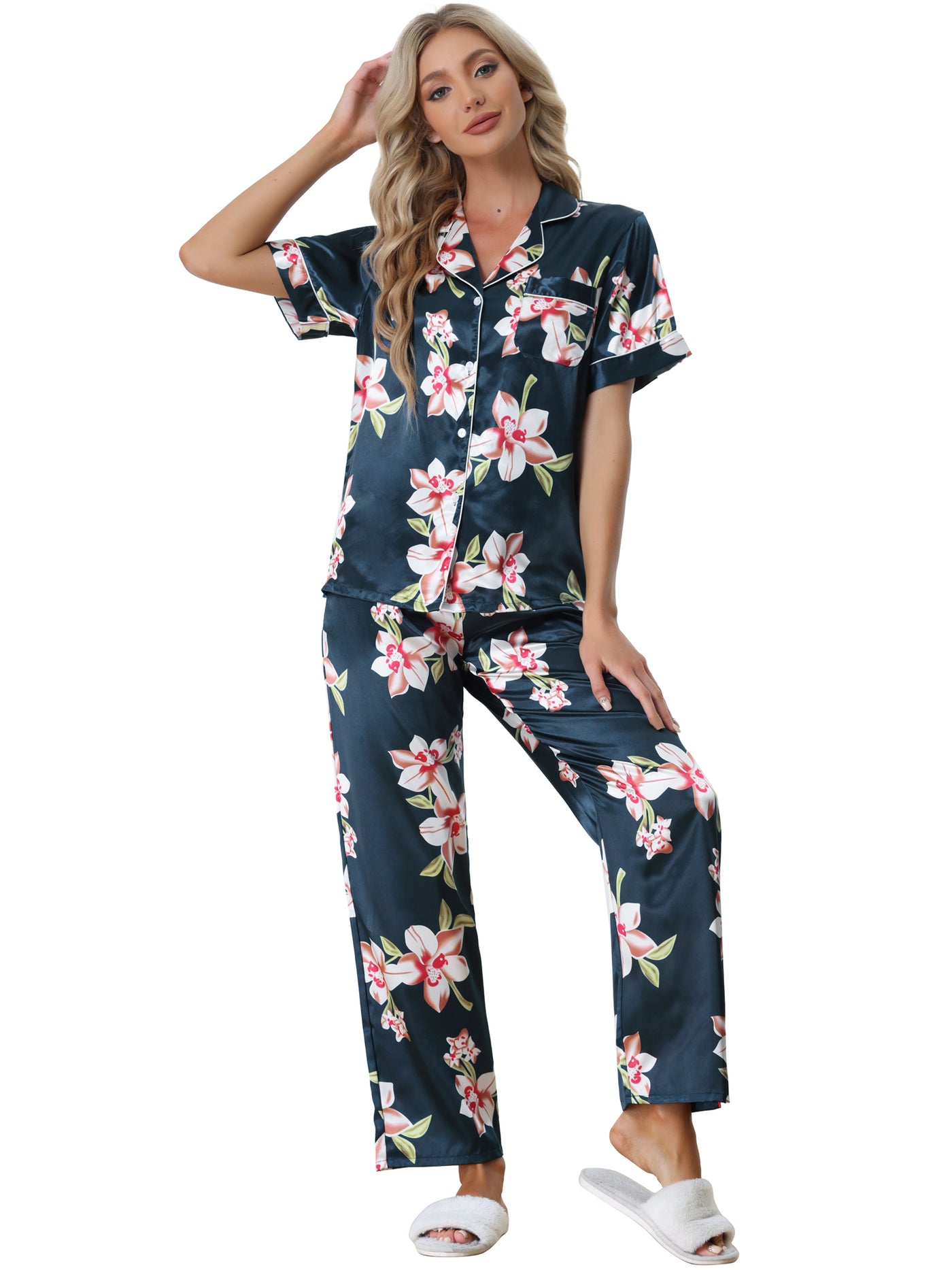 Bublédon Women's 2pcs Floral Button Down Pajama Set Nightwear Sleepwear