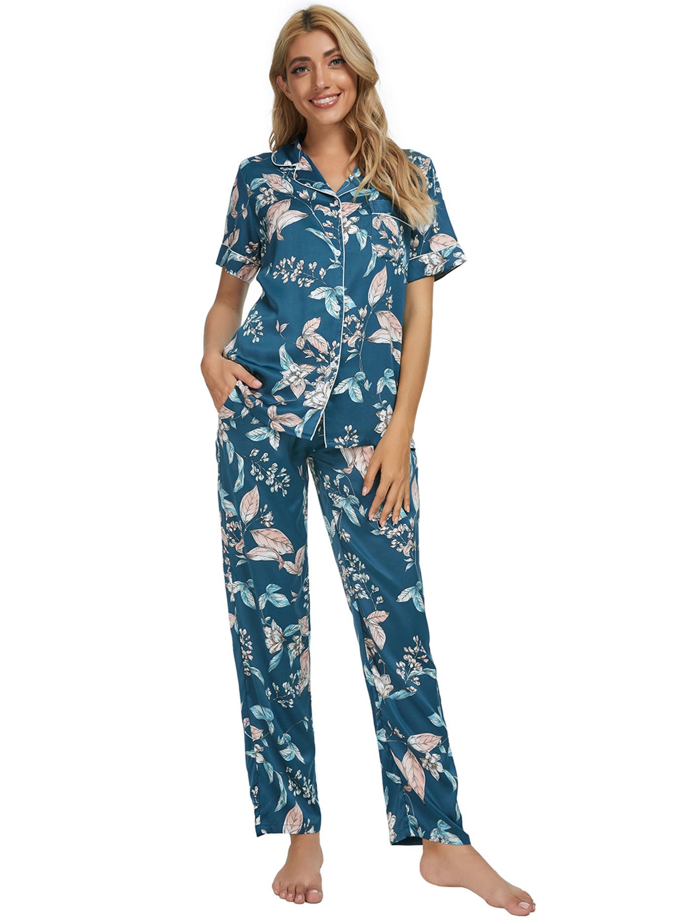 Bublédon Women's 2pcs Floral Button Down Pajama Set Nightwear Sleepwear