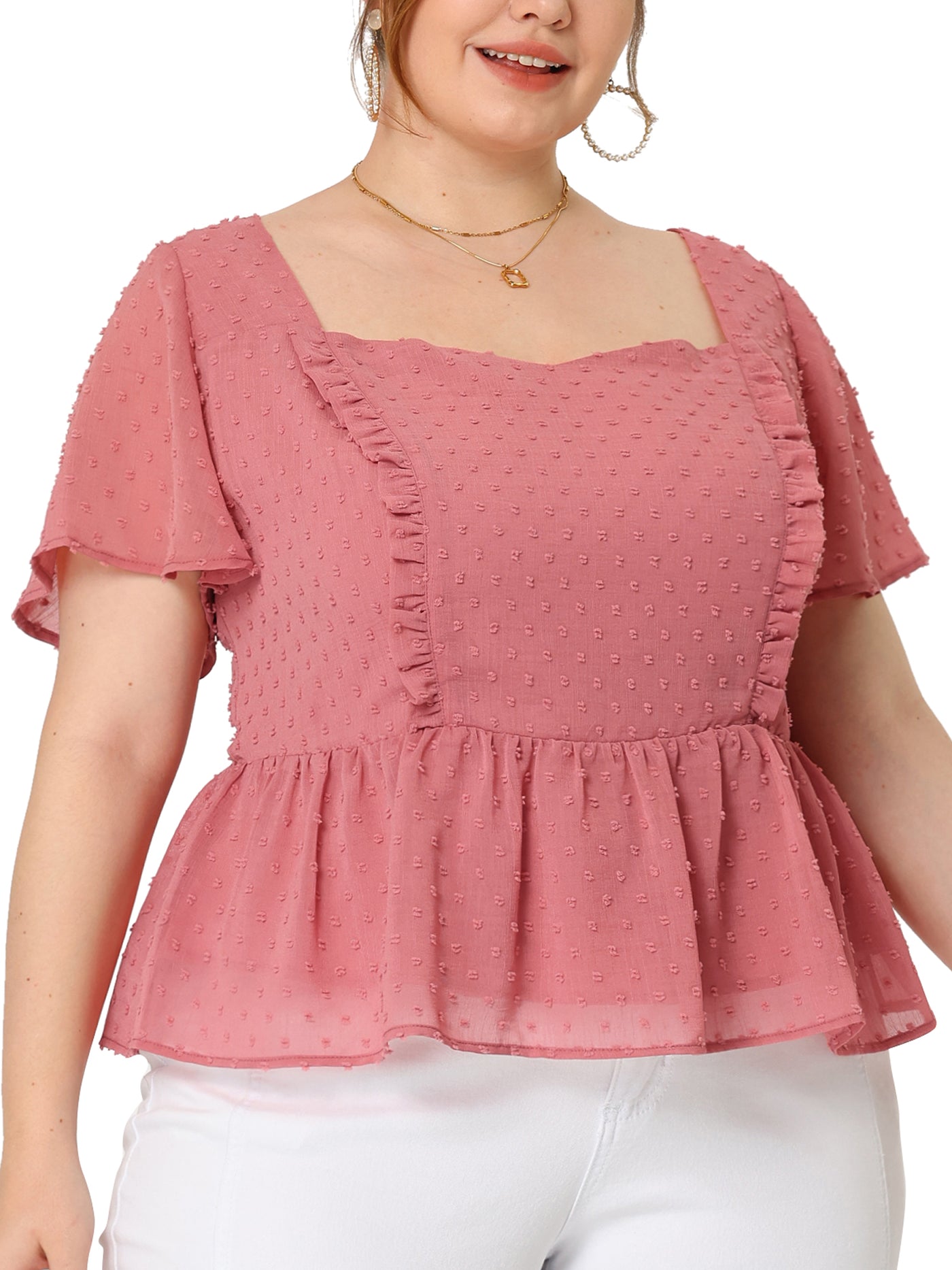 Bublédon Woven X Line Swiss Dot Sweetheart Neck Peplum Top