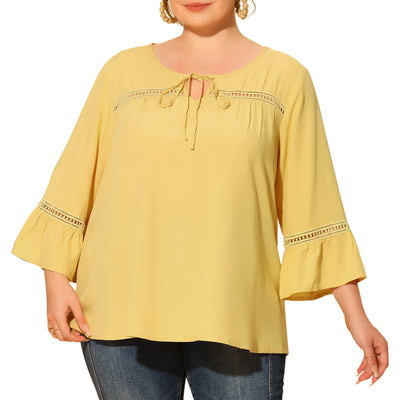 Woven H Line Tie Neck 3/4 Sleeve Lace Insert Top