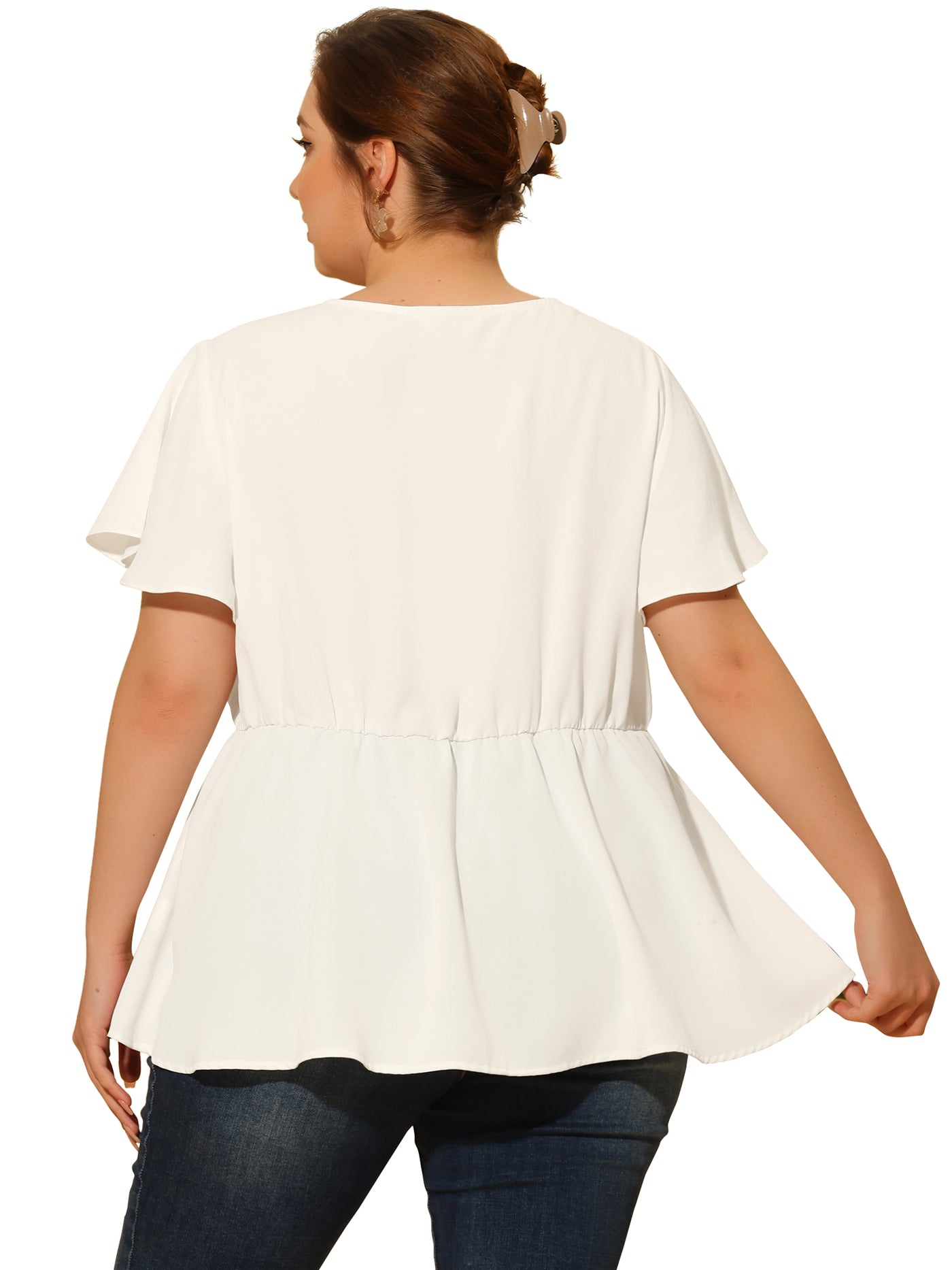 Bublédon Woven X Line V Neck Short Sleeve Lace Insert Top