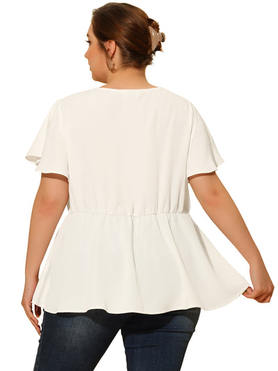 Woven X Line V Neck Short Sleeve Lace Insert Top