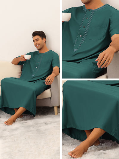 Loose Fit Night Gown for Men's Solid Color Short Sleeves Button Pajamas Sleepshirt