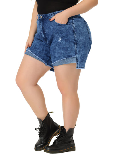 Roll Up Cuff Stretch Ripped Denim Shorts