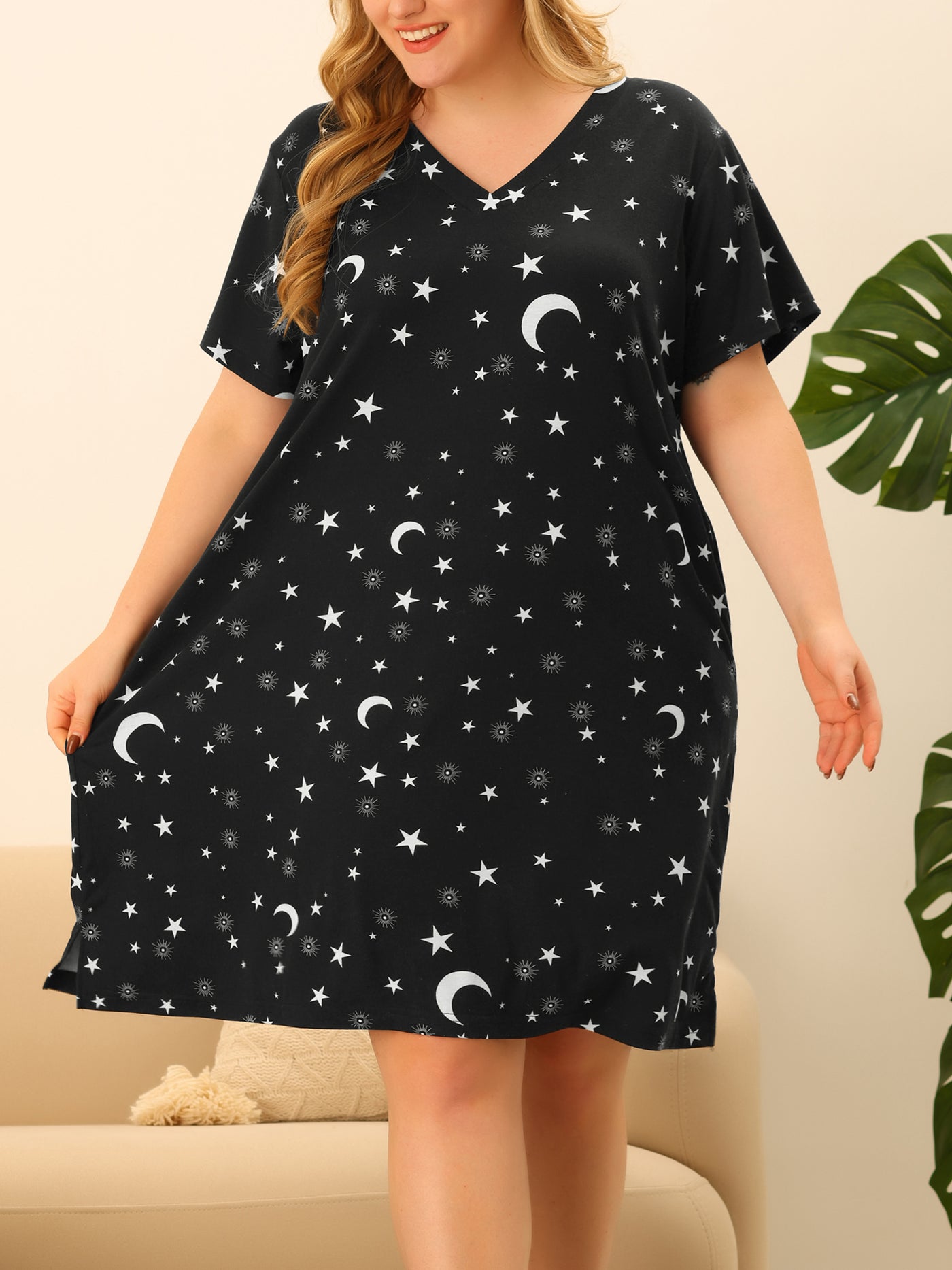 Bublédon Women's Plus Size V Neck Star Short Sleeve Sleepwear Nightdress