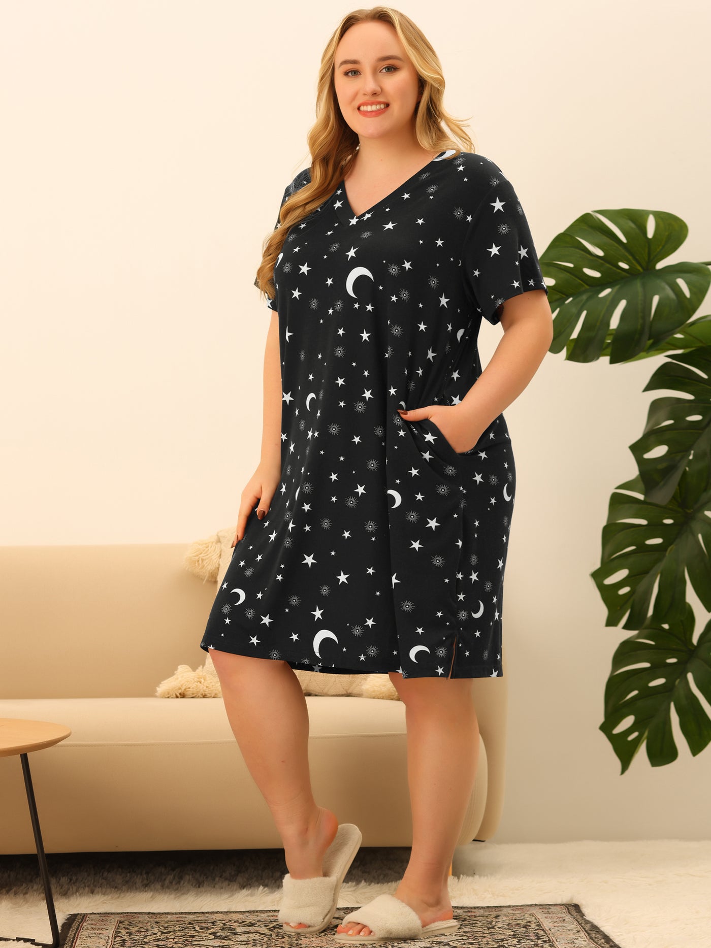 Bublédon Women's Plus Size V Neck Star Short Sleeve Sleepwear Nightdress