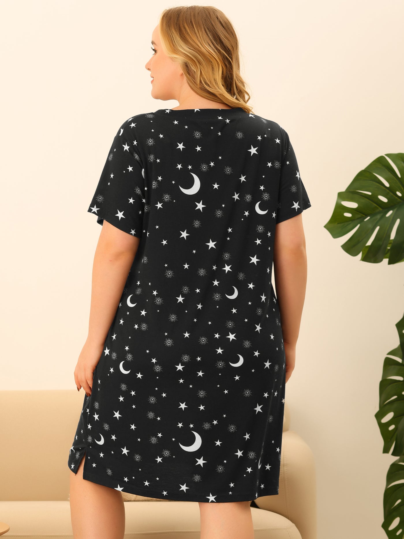 Bublédon Women's Plus Size V Neck Star Short Sleeve Sleepwear Nightdress