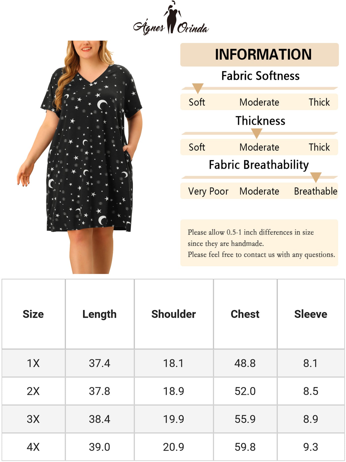 Bublédon Women's Plus Size V Neck Star Short Sleeve Sleepwear Nightdress