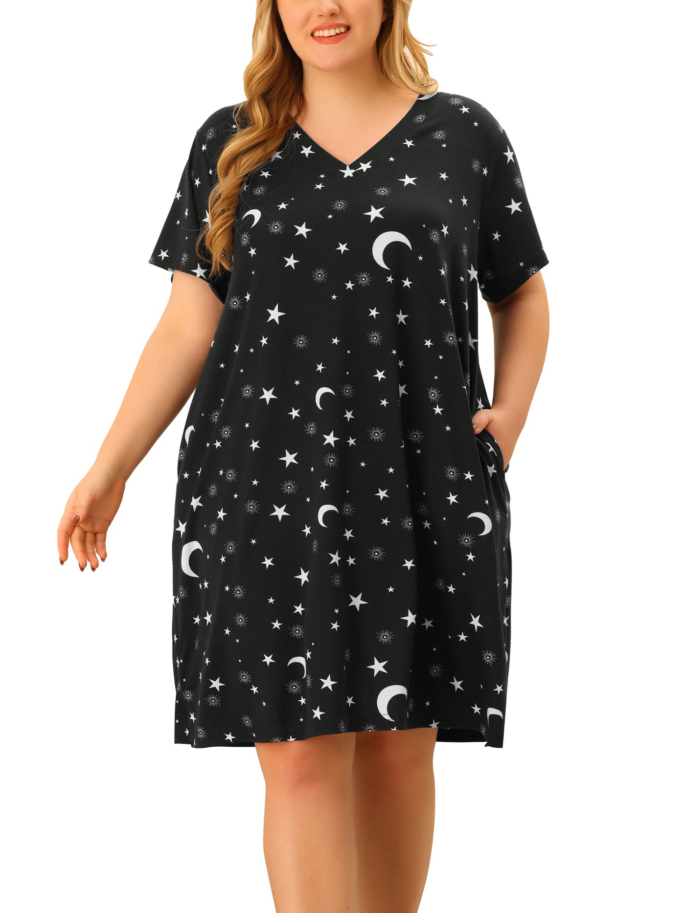 Bublédon Women's Plus Size V Neck Star Short Sleeve Sleepwear Nightdress