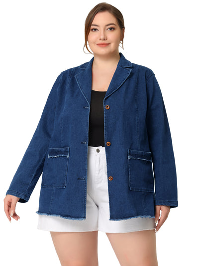 Bublédon Denim H Line Notched Lapel Long Sleeve Blazer