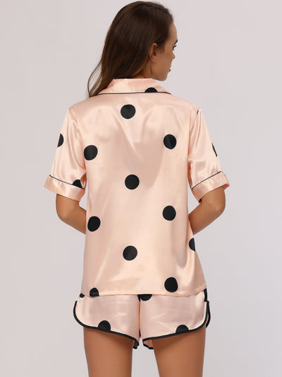 Women's Satin 2pcs Lounge Sleepwear T-Shirt and Shorts Polka Dots Pajama Sets