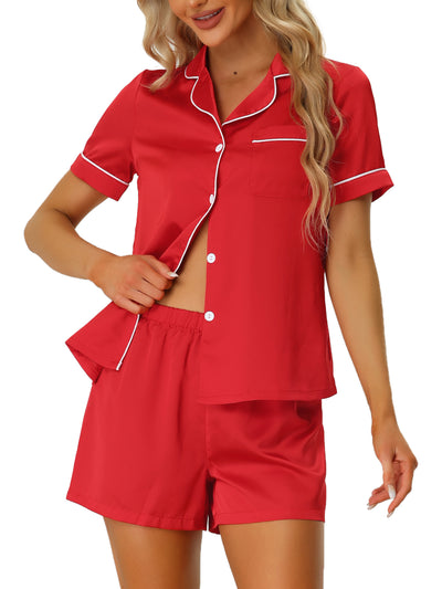 Women's Pajama Loungewear Short Sleeves Button Down Satin Pj Sets