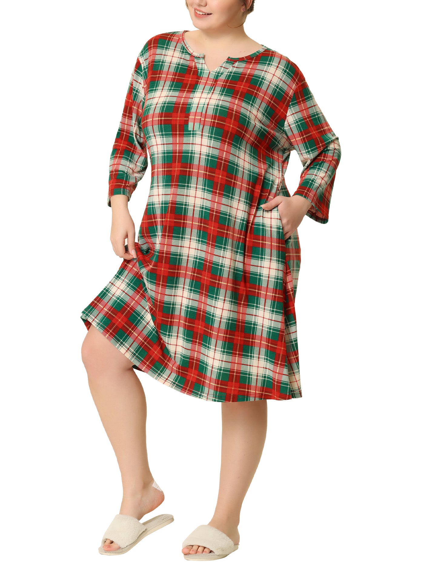 Bublédon Plus Size Nightgown for Women Plaid V Neck Lounge Sleep Dress Nightgowns