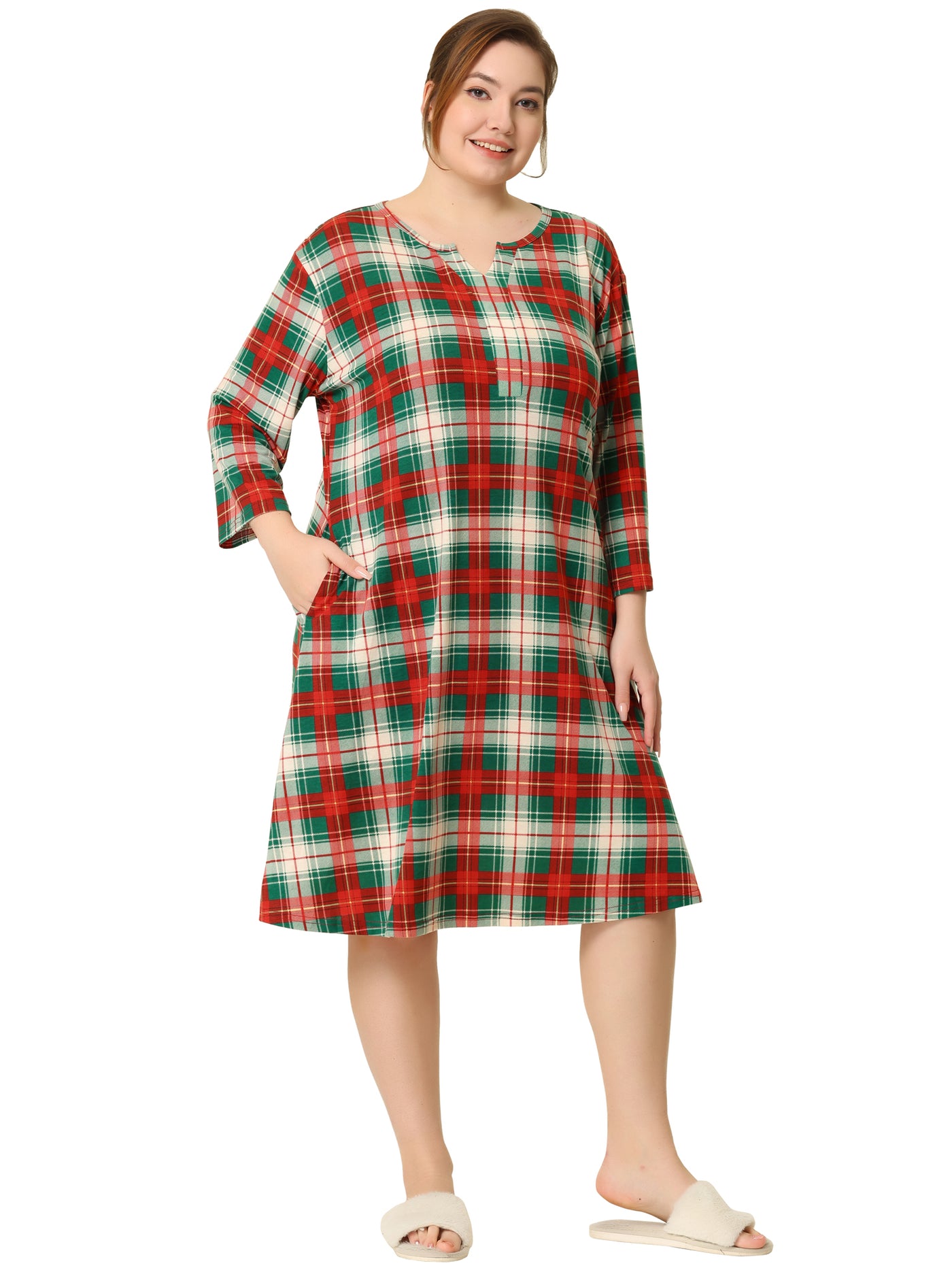 Bublédon Plus Size Nightgown for Women Plaid V Neck Lounge Sleep Dress Nightgowns