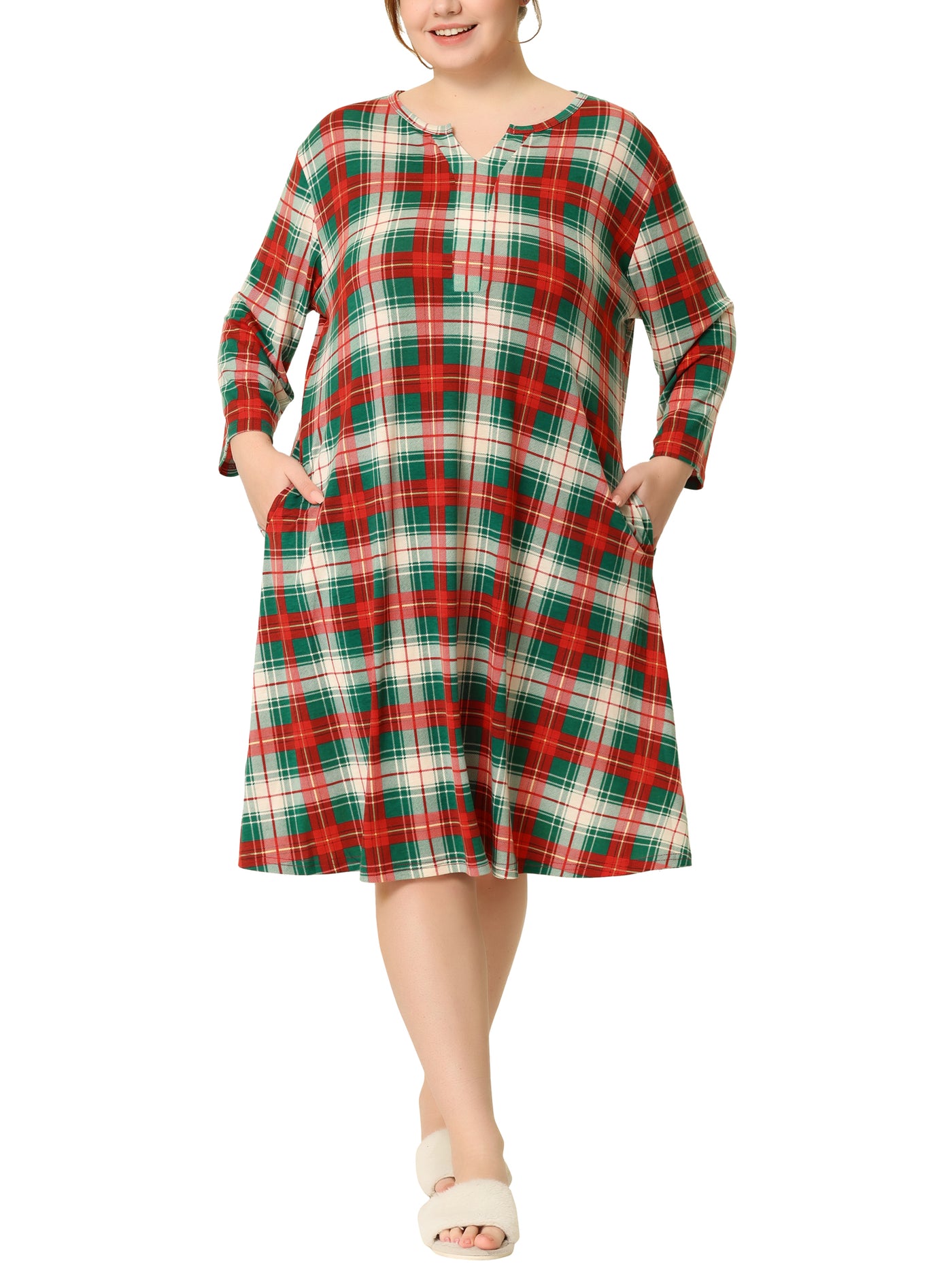 Bublédon Plus Size Nightgown for Women Plaid V Neck Lounge Sleep Dress Nightgowns