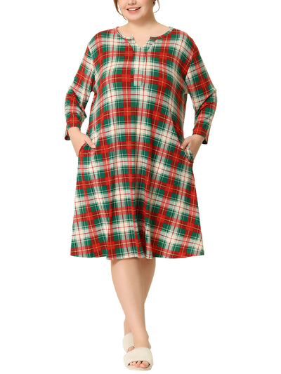 Plus Size Nightgown for Women Plaid V Neck Lounge Sleep Dress Nightgowns