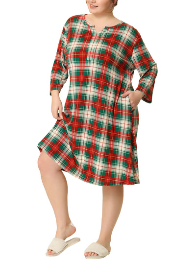 Plus Size Nightgown for Women Plaid V Neck Lounge Sleep Dress Nightgowns