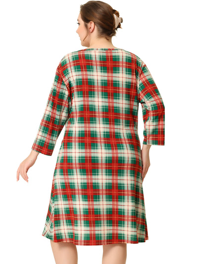 Plus Size Nightgown for Women Plaid V Neck Lounge Sleep Dress Nightgowns