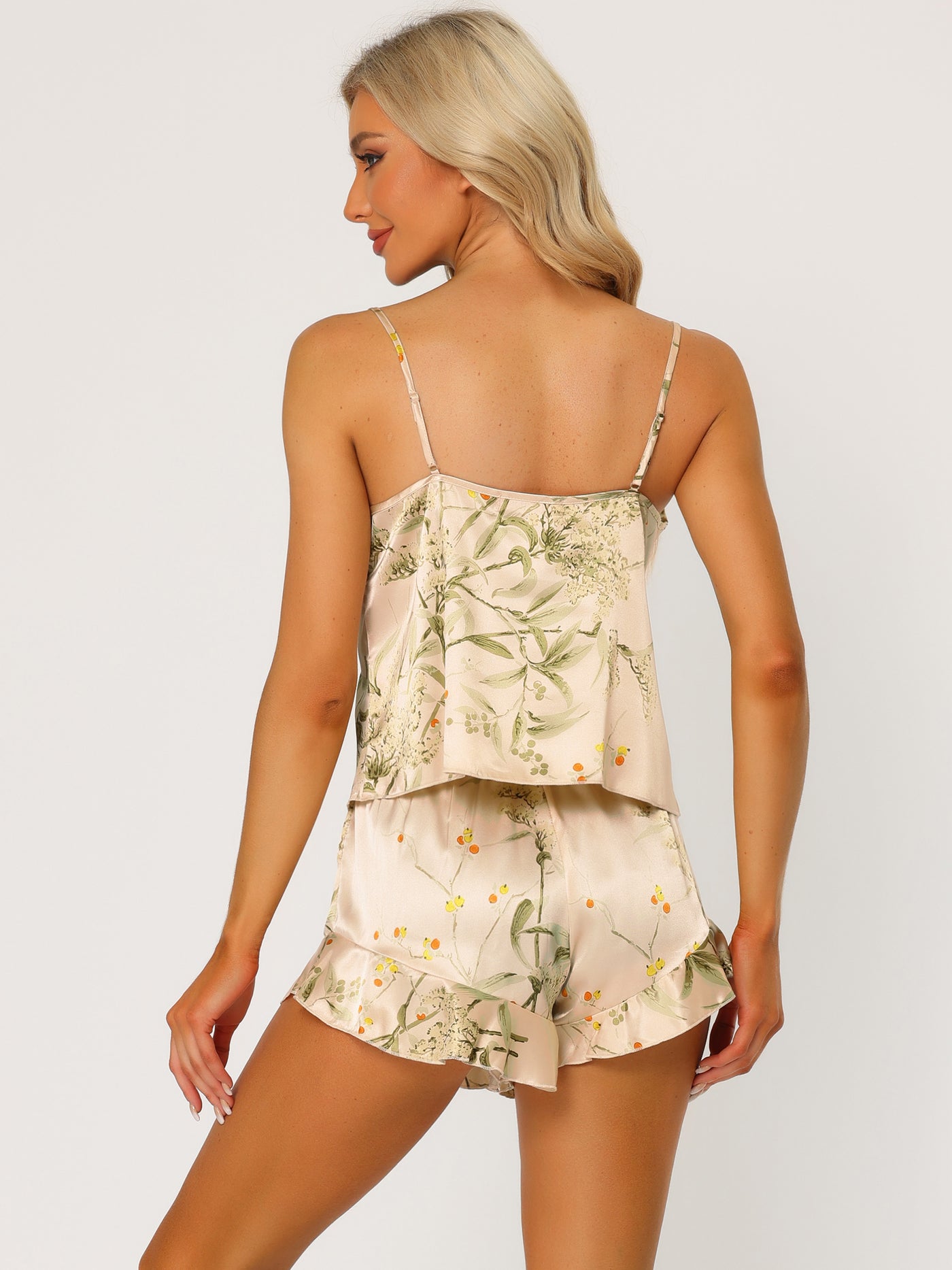 Bublédon Womens Satin Lounge Floral Cami Tops with Shorts Ruffled Sleepwear Pajamas Sets