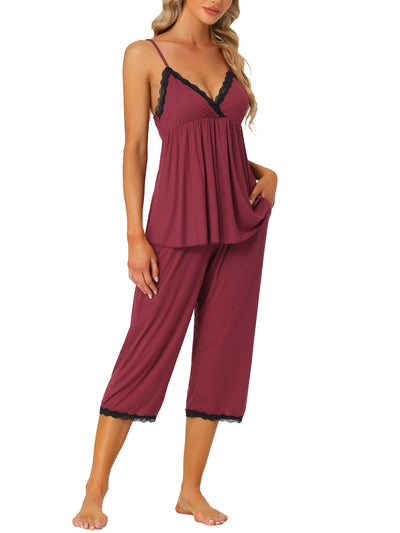 Womens 2pcs Sleepwear Pjs Cami Top with Pants Waffle Knit Pajama Set