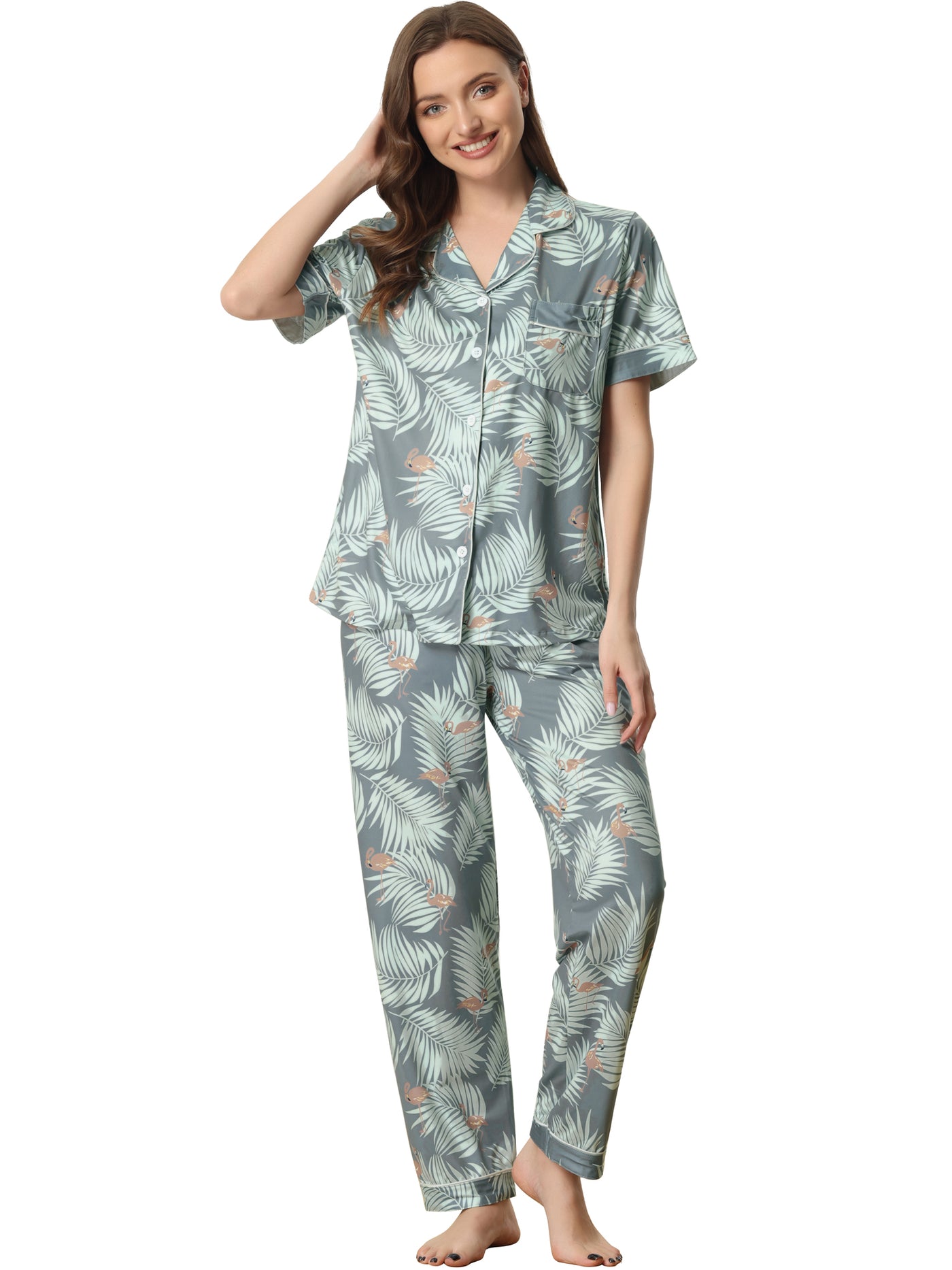 Bublédon Women's 2pcs Floral Button Down Pajama Set Nightwear Sleepwear