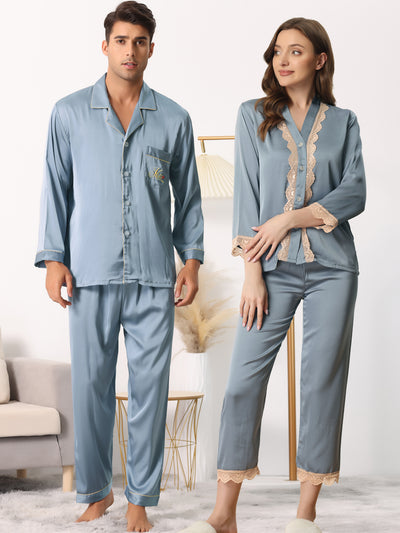 Bublédon Womens Long Sleeve Lace Trim Satin Button Shirt Pants Pajama Sets Sleepwear