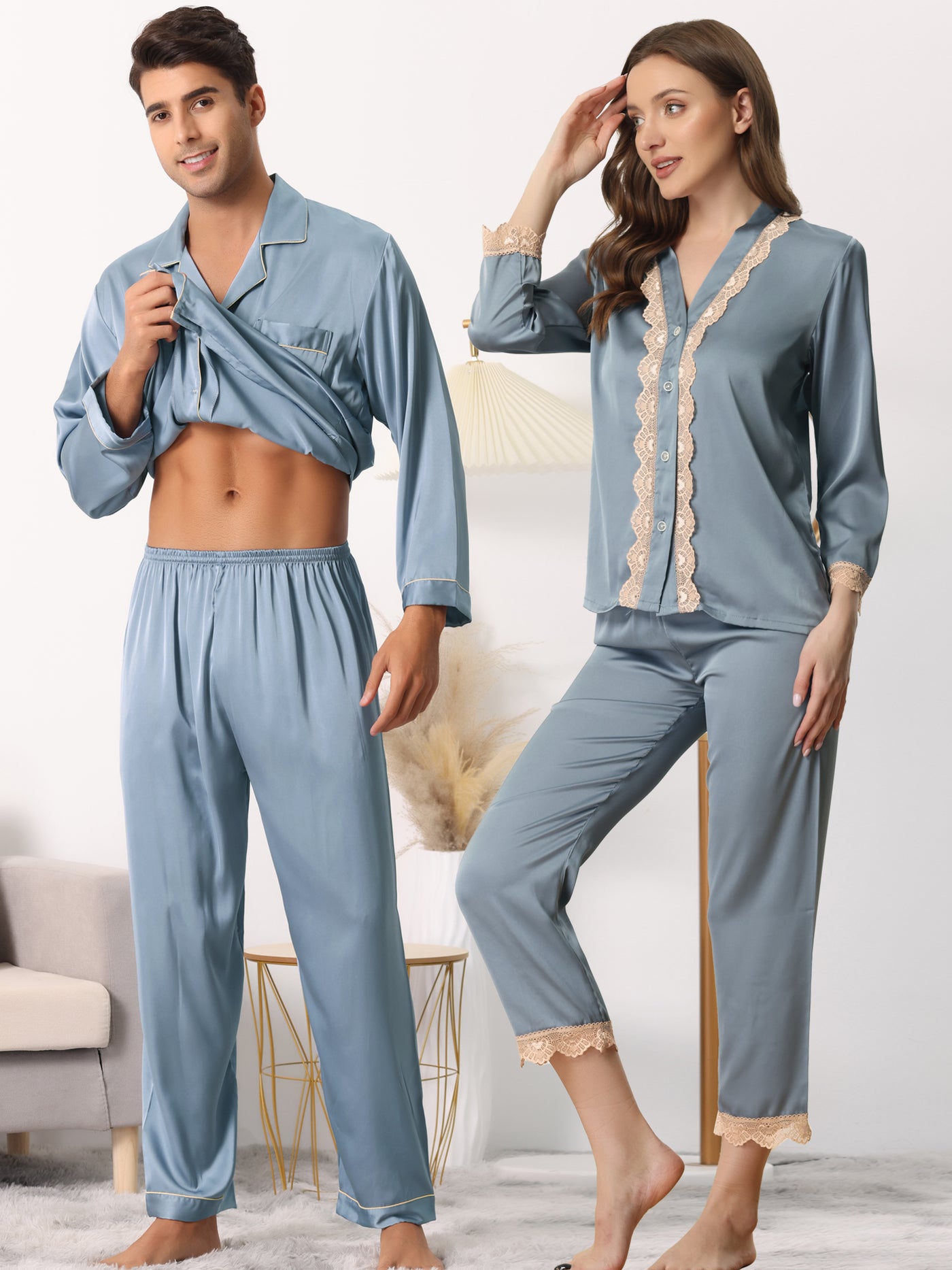 Bublédon Womens Long Sleeve Lace Trim Satin Button Shirt Pants Pajama Sets Sleepwear