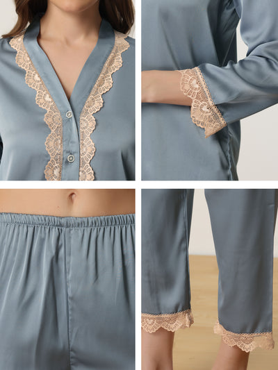 Womens Long Sleeve Lace Trim Satin Button Shirt Pants Pajama Sets Sleepwear