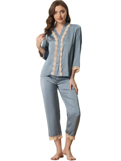 Womens Long Sleeve Lace Trim Satin Button Shirt Pants Pajama Sets Sleepwear