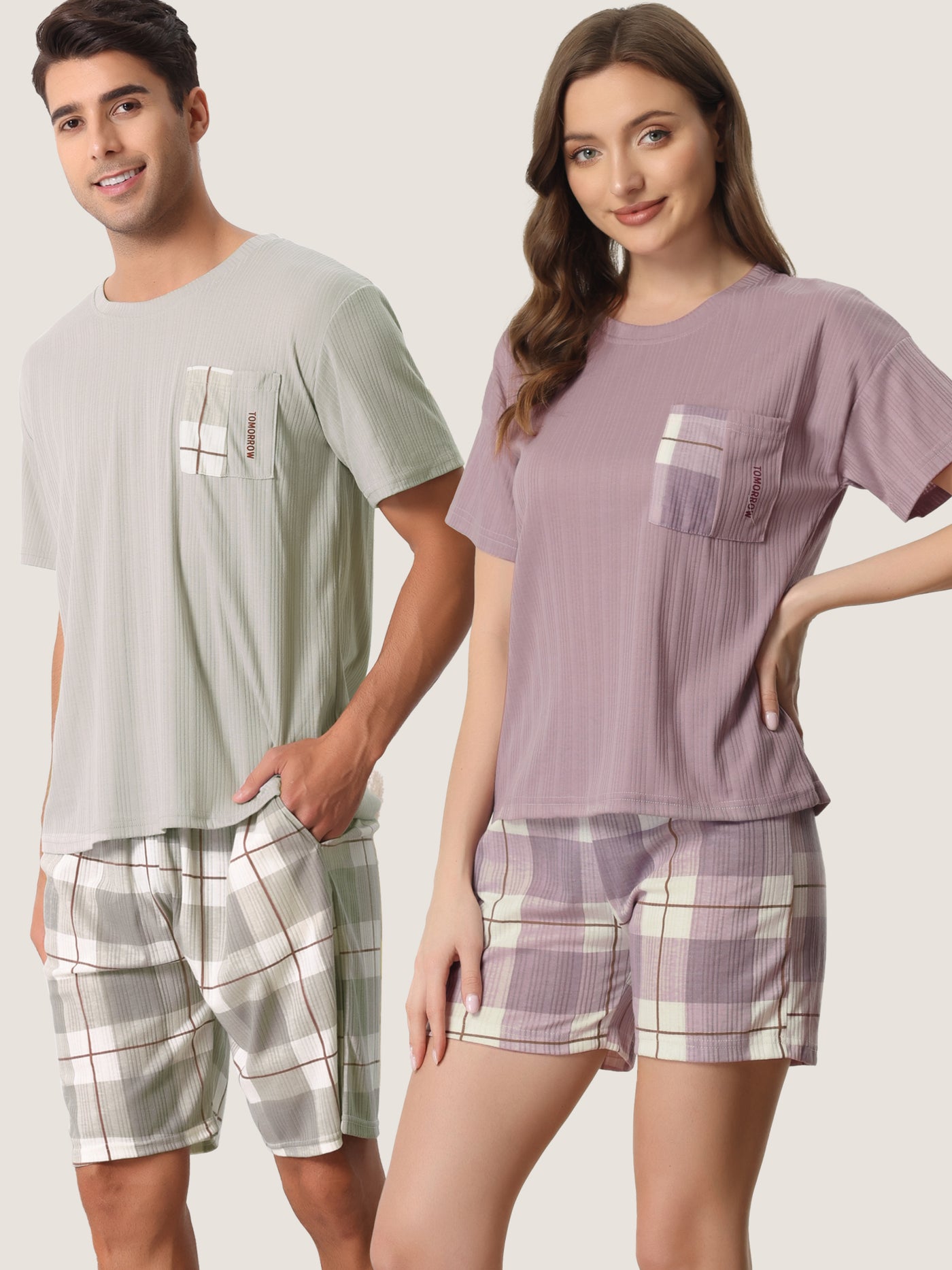 Bublédon Men's Sleepwear Short Sleeve T-Shirt with Shorts Plaid Couple Pajama Sets