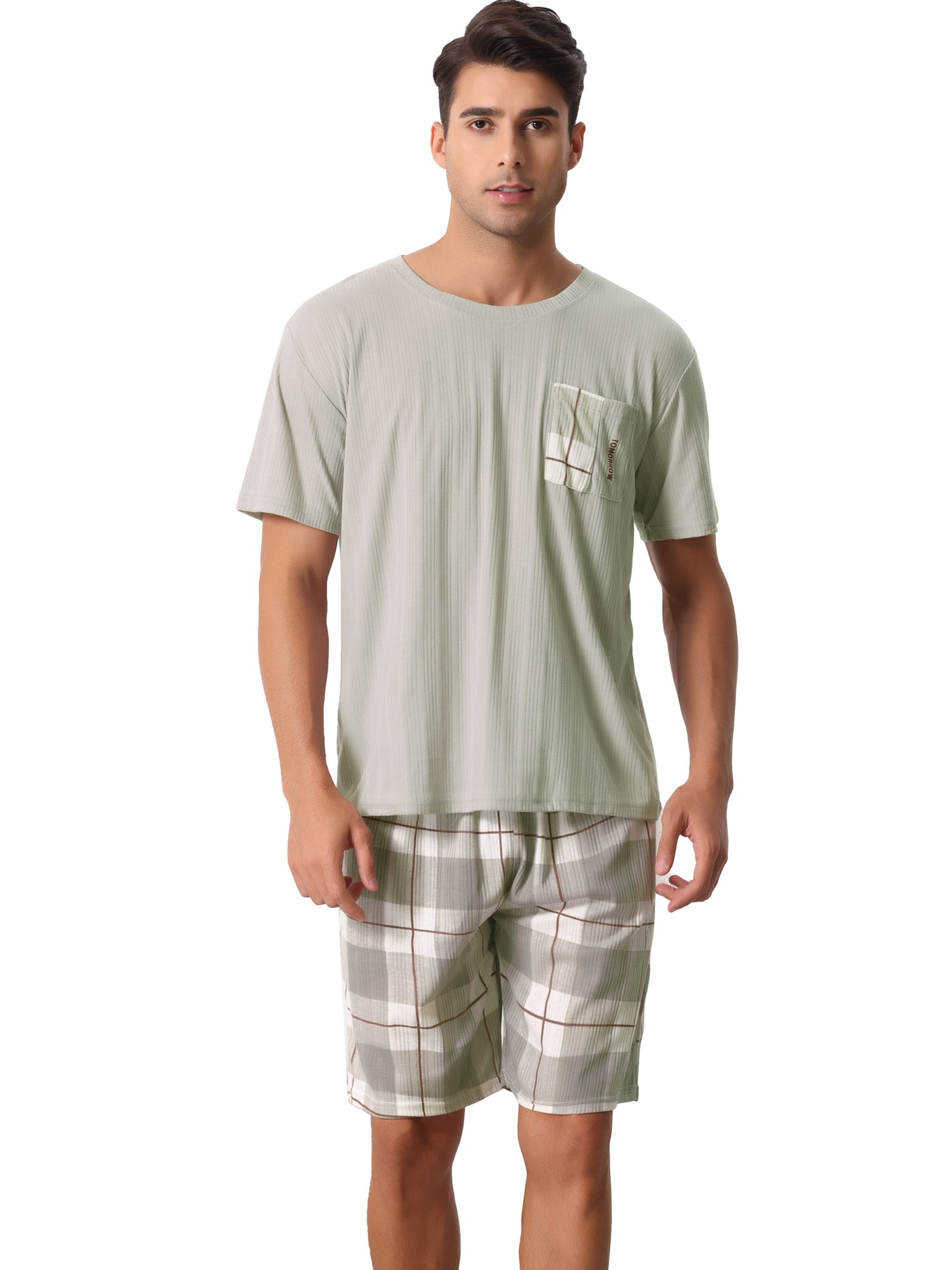 Bublédon Men's Sleepwear Short Sleeve T-Shirt with Shorts Plaid Couple Pajama Sets