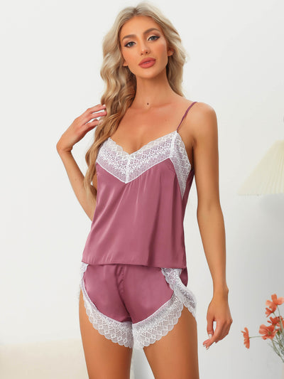 Womens Sleepwear Pjs Lace Trim Satin Lingerie Silk Cami with Shorts Pajama Set