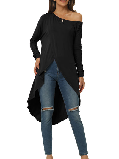 Women's 2023 Spring Fall One Shoulder Long Sleeve High Low Asymmetrical Irregular Hem Casual Blouse Tops