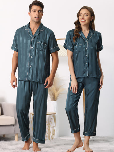 Bublédon Men Striped Satin Button Down Short Sleeve Long Pants Pajama Set