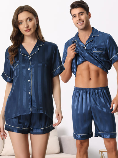 Bublédon Men Satin Button Down Striped Short Sleeve and Shorts Pajama Set