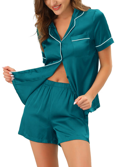 Women's Pajama Loungewear Short Sleeves Button Down Satin Pj Sets