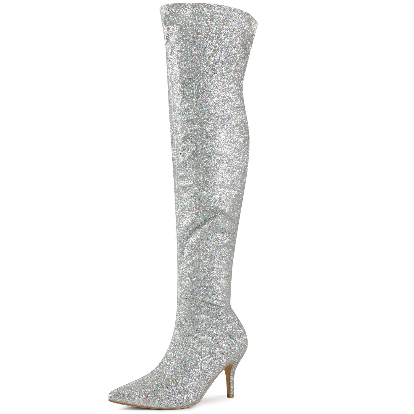 Bublédon Perphy Glitter Pointed Toe Stiletto Heels Over the Knee High Boots for Women