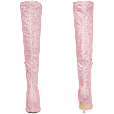 Perphy Glitter Pointed Toe Stiletto Heels Over the Knee High Boots for Women