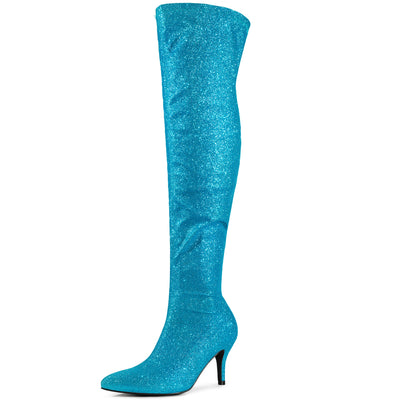 Perphy Glitter Pointed Toe Stiletto Heels Over the Knee High Boots for Women