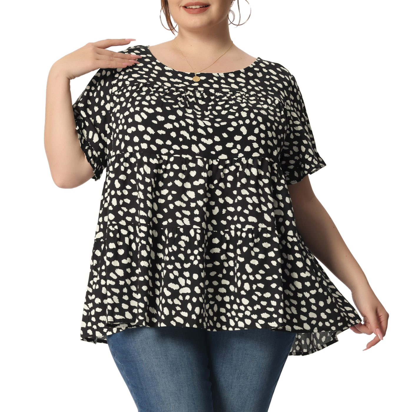 Bublédon Rayon A Line Abstract Dot Round Neck Top