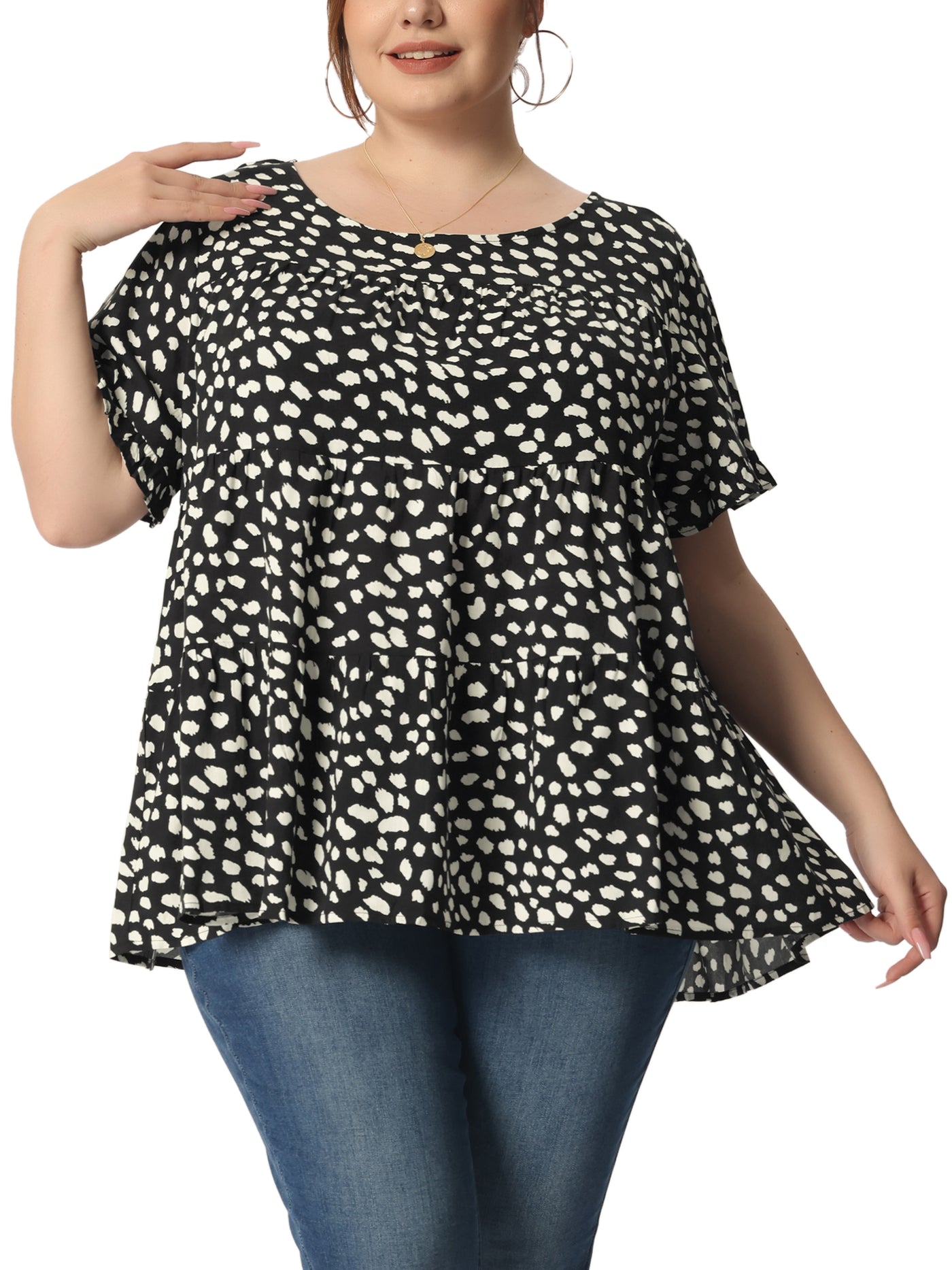 Bublédon Rayon A Line Abstract Dot Round Neck Top