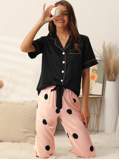 Bublédon Womens Satin Sleepwear Button Down Short Sleeve with Loose Pants Silky Lounge Pajama Sets