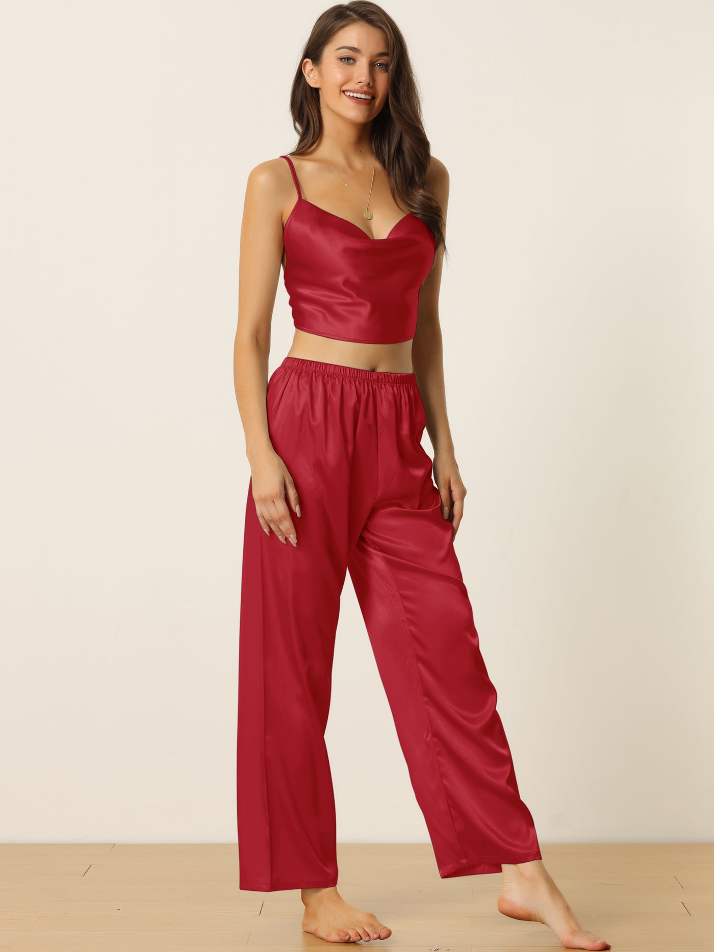 Bublédon Womens Satin Pajamas Cowl Neck Sleeveless Crop Cami Sleepwear with Pants Sliky Lounge Set