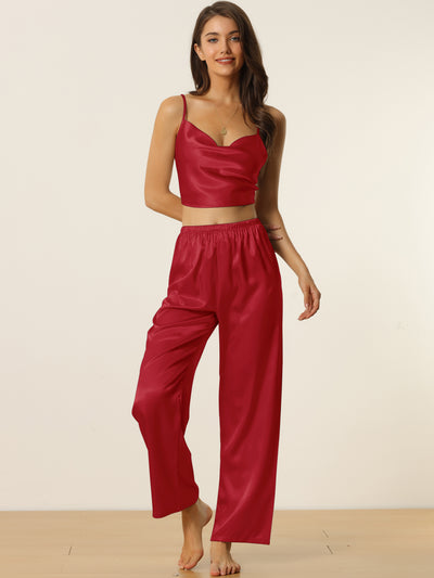 Womens Satin Pajamas Cowl Neck Sleeveless Crop Cami Sleepwear with Pants Sliky Lounge Set