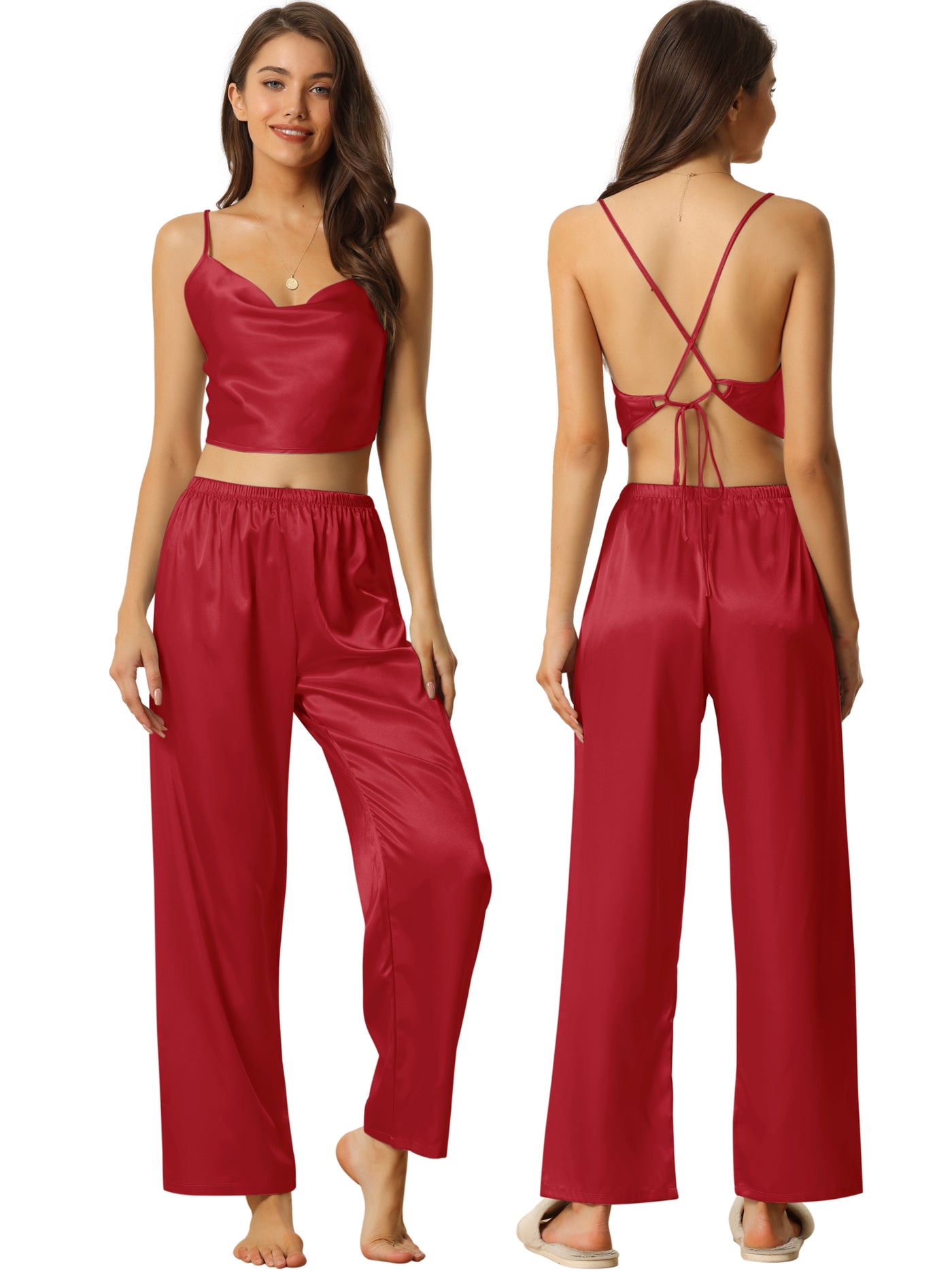 Bublédon Womens Satin Pajamas Cowl Neck Sleeveless Crop Cami Sleepwear with Pants Sliky Lounge Set