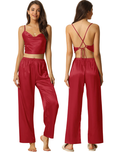 Womens Satin Pajamas Cowl Neck Sleeveless Crop Cami Sleepwear with Pants Sliky Lounge Set