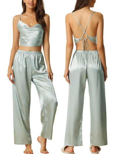 Womens Satin Pajamas Cowl Neck Sleeveless Crop Cami Sleepwear with Pants Sliky Lounge Set